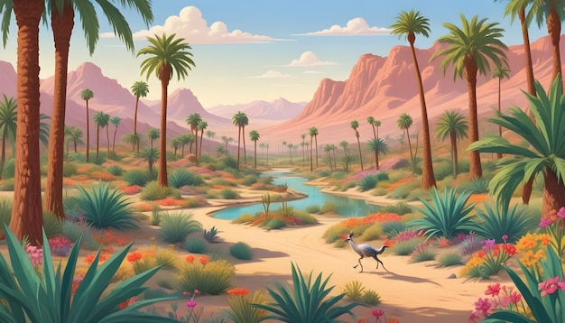 a picture of a desert landscape with palm trees and a bird