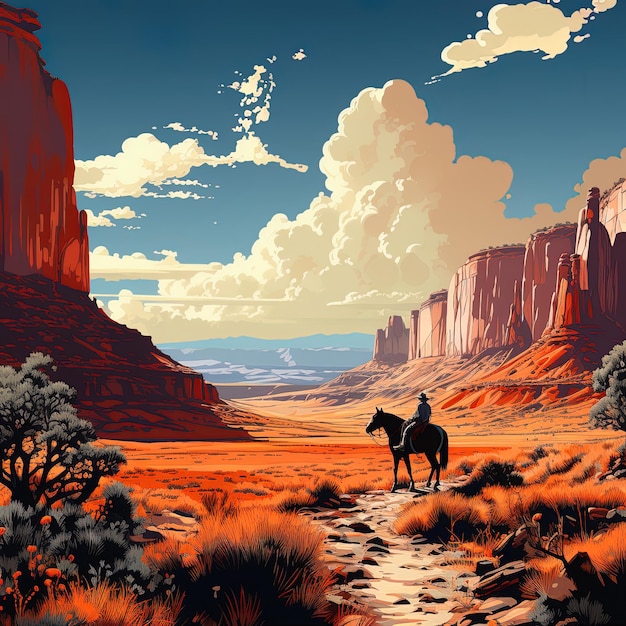 a picture of a desert scene with a horse and mountains in the background