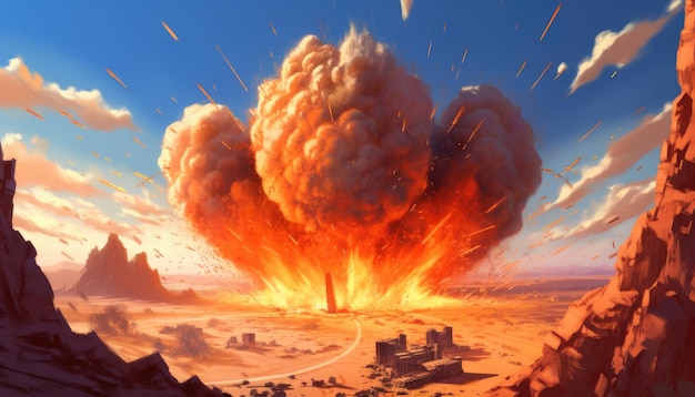 A picture of a desert with a explosion and a cloud of smoke coming out of it.