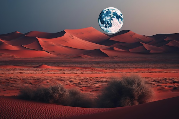 A picture of a desert with a planet on it