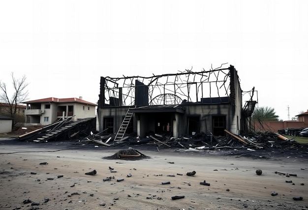 Photo picture destroyed buildings behind a borg charred debris on the ground photo