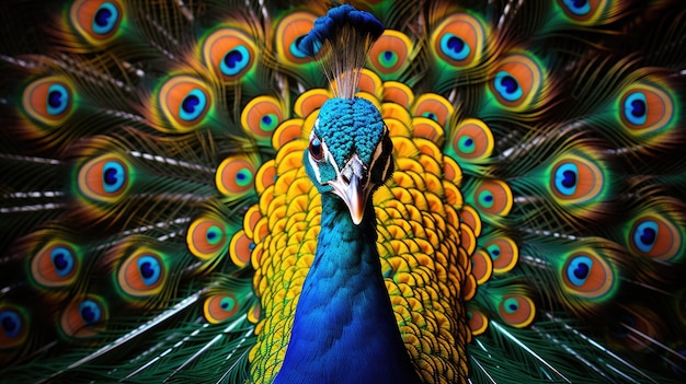 A picture detailed and captivating portrait of a regal peacock displaying its magnificent plumage