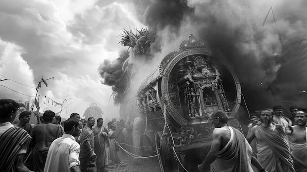 A picture of devotee and rath in black and white