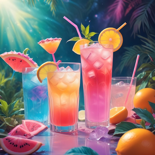 a picture of different colored cocktails with oranges and strawberries