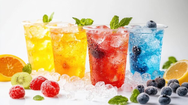 Photo a picture of different colored drinks with berries and ice