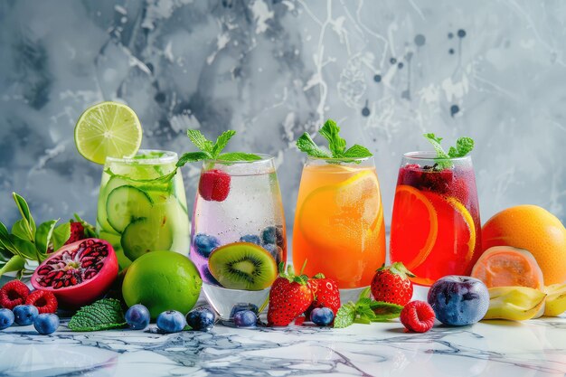 Photo a picture of different drinks with different colors of fruit and vegetables