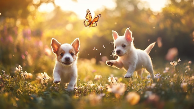 a picture of a dog and a butterfly that is flying in the air