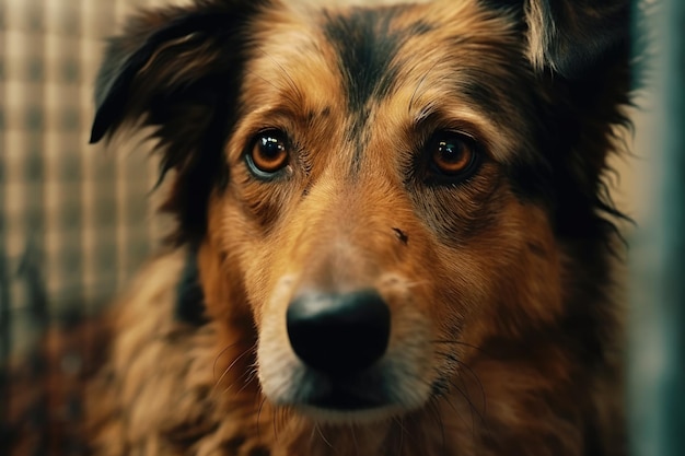 A picture of a dog in a shelter