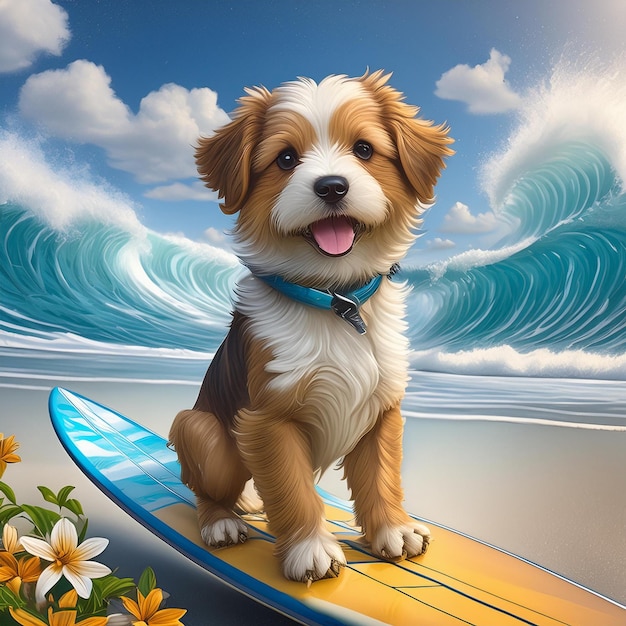 a picture of a dog on a surfboard with flowers in the background