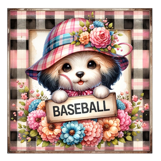 a picture of a dog with a sign that says  baseball