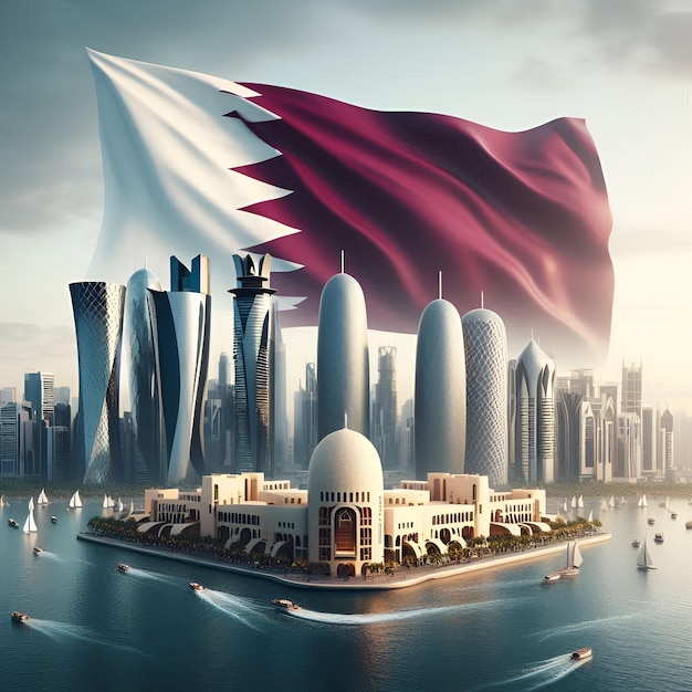 a picture of DOHA city with a flag of qatar and a city in the background