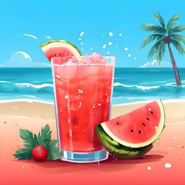 a picture of a drink and a palm tree on the beach