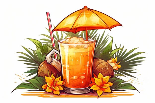 A picture of a drink with an umbrella and a tropical scene