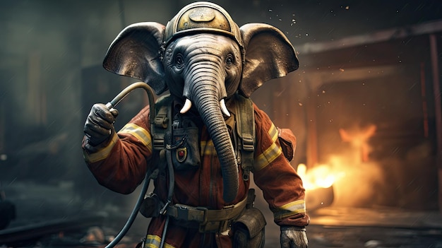 a picture of an elephant wearing a fire suit and a firefighter's helmet.