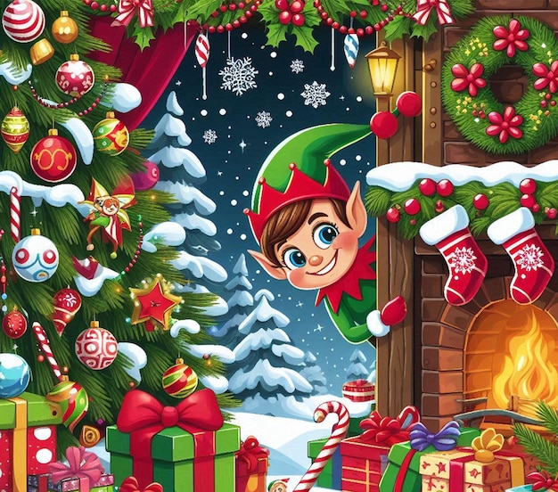 a picture of a elf with a christmas tree in the background