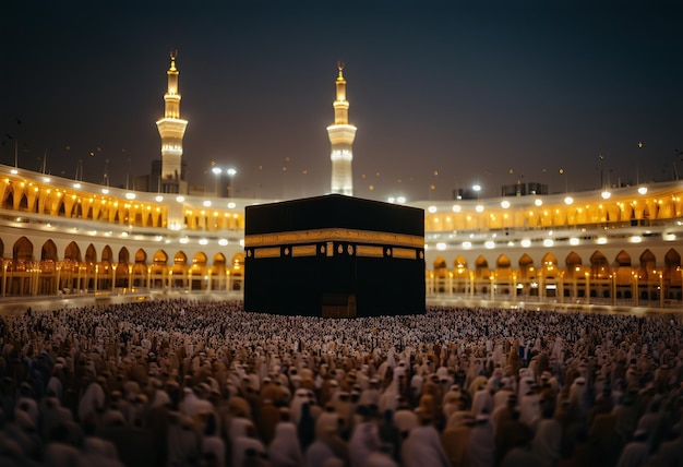 A picture of empty Kaaba Sharif with moon and star