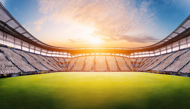 a picture of an empty stadium with the sun setting behind it