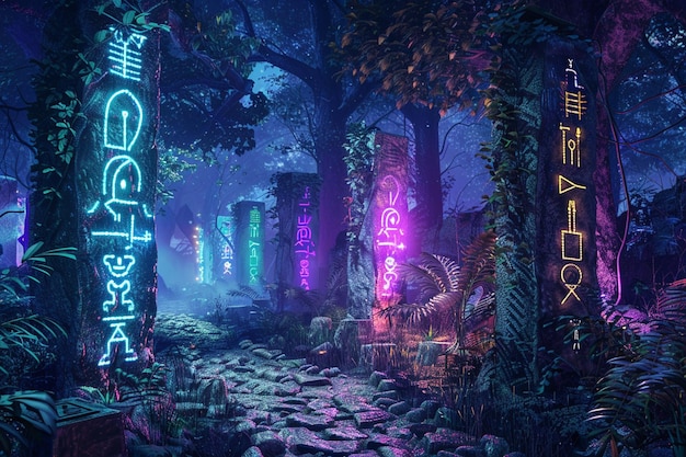 Photo picture an enchanted forest at night where neonlit generative ai