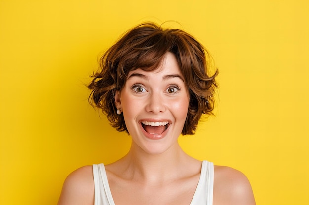 Photo picture excited woman with brown hair in white tank top