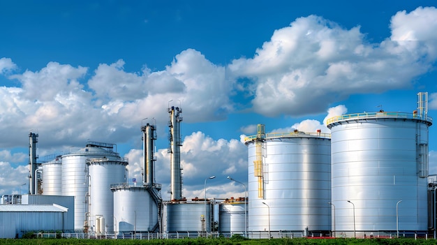 a picture of a factory with a blue sky and clouds in the background