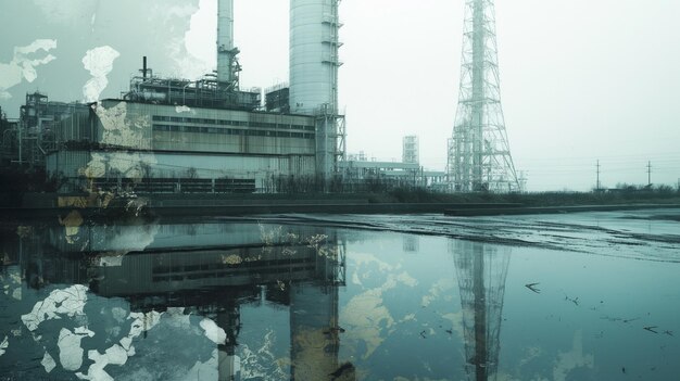 a picture of a factory with a reflection of a tower in the water