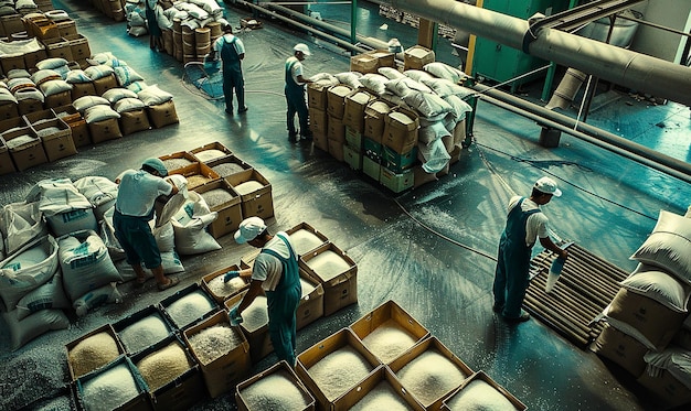 a picture of a factory with several workers loading bags of bread