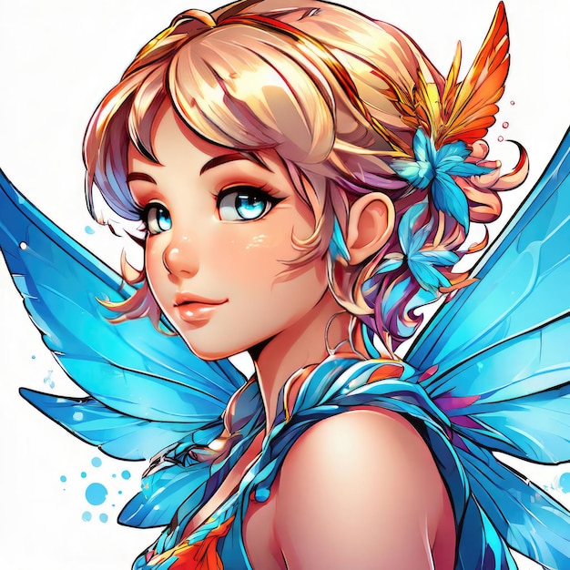 a picture of a fairy with a blue wings and a butterfly on the face