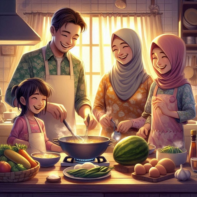 a picture of a family cooking in a kitchen with a man and a child cooking