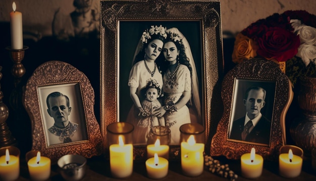 Photo a picture of a family and a framed photo of two women and a child