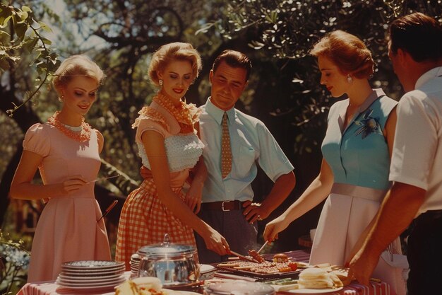 A picture of a family and friends barbecuing on a picnic in a garden