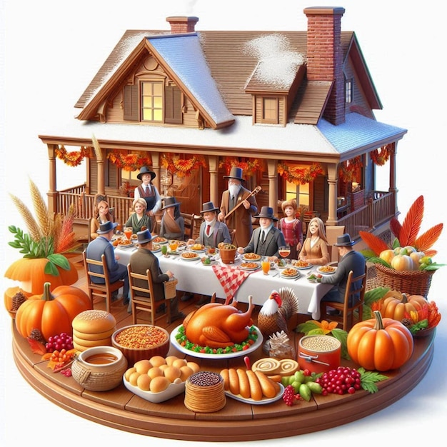 a picture of a family in front of a house with a pumpkin patch on the table