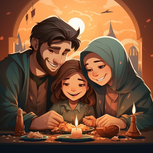 a picture of a family with a girl and a man with a scarf around their head