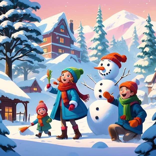 a picture of a family with snowman and a house in the background