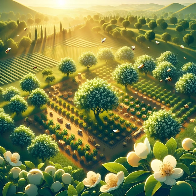 a picture of a farm with a field of flowers and butterflies