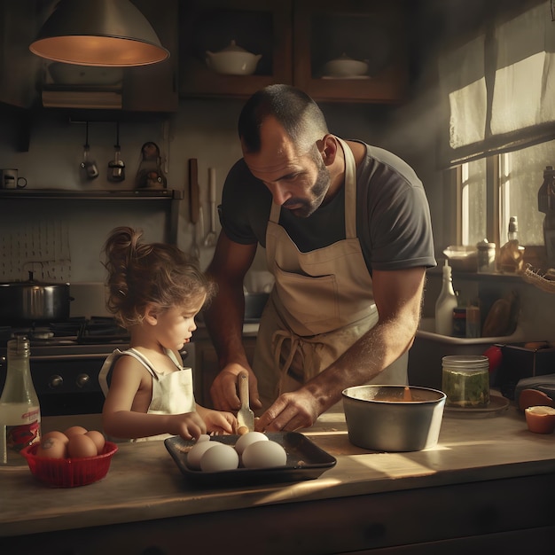 A picture of a father and child cooking together symbolizing the joy of shared experiences and pass