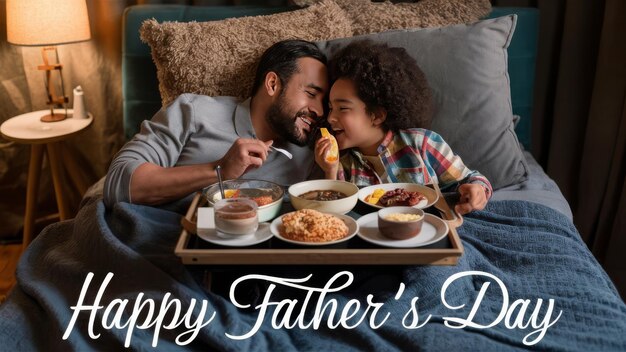 Photo a picture of a father and daughter eating food with a card that says happy fathers day