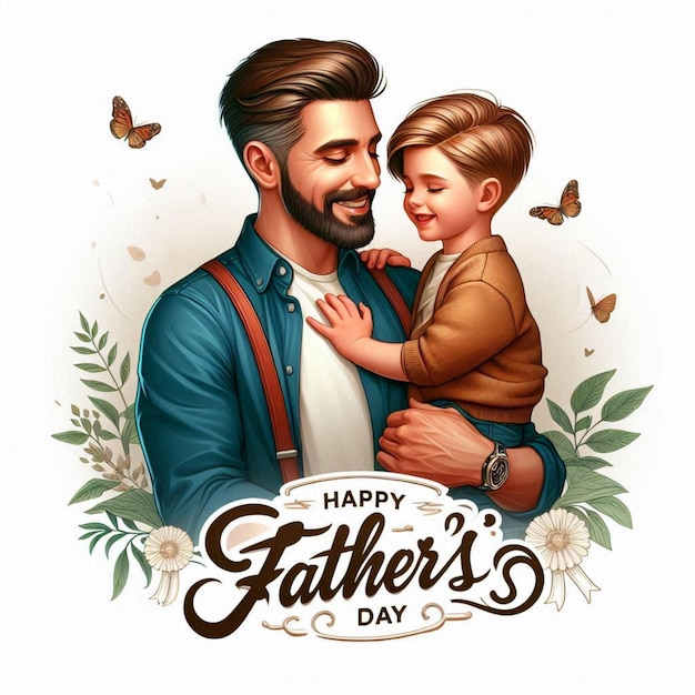 a picture of a father and his son with butterflies and flowers