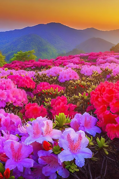 A picture of a field of azaleas with a mountain in the background.