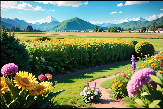 A picture of a field of flowers with a mountain in the background