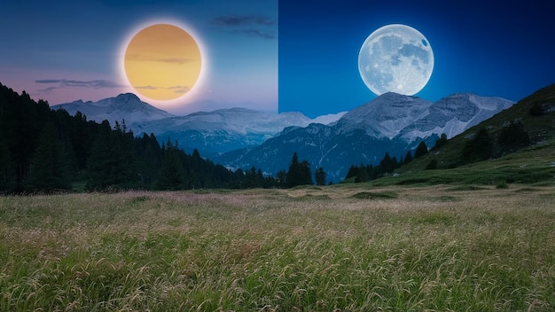 a picture of a field with a full moon and the moon