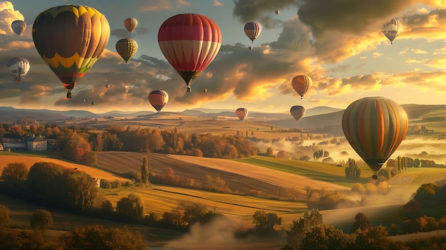 a picture of a field with hot air balloons in the sky