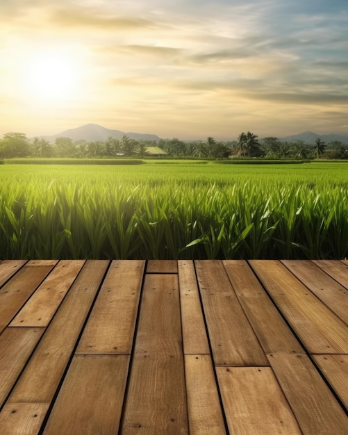 A picture of a field with a wooden floor and the sun is setting behind it.