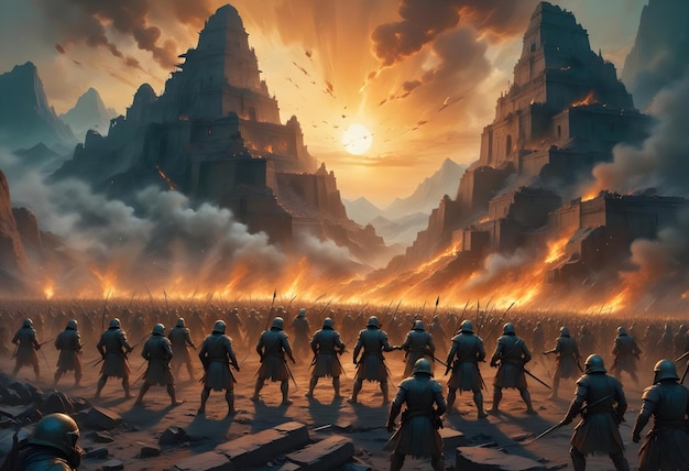 a picture of a fire burning in the battlefield with the sun setting behind them