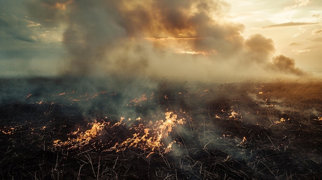 a picture of a fire burning in a field with a forest in the background