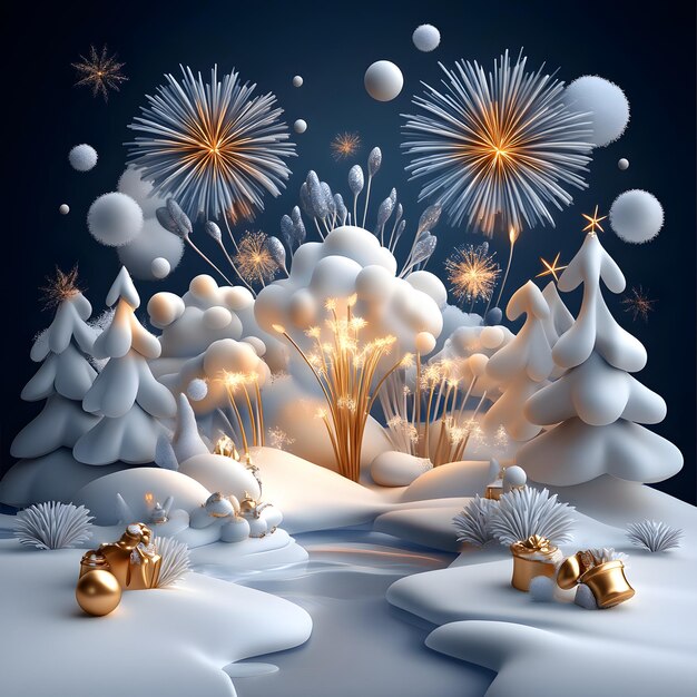 a picture of fireworks and a snow covered landscape with a firework display