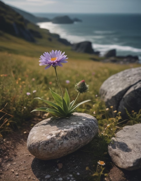 Photo a picture of a flower and a rock with a flower on it