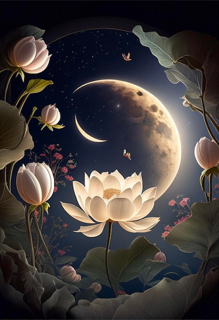 Picture of a flower with a moon in the background generative ai