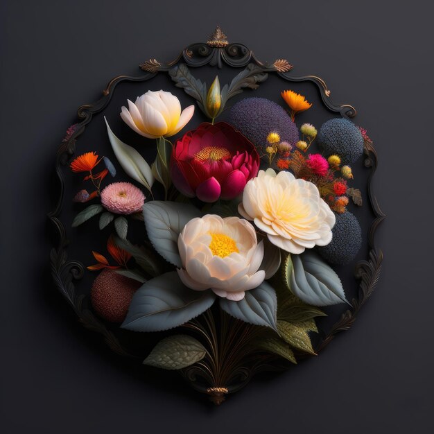 A picture of flowers and berries with a dark background