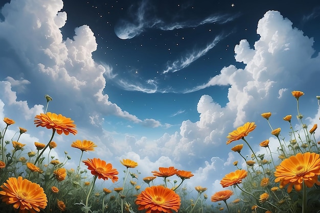 a picture of flowers and the moon in the sky