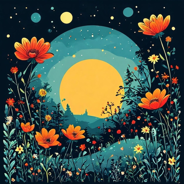 a picture of flowers and a moon with a full moon in the background